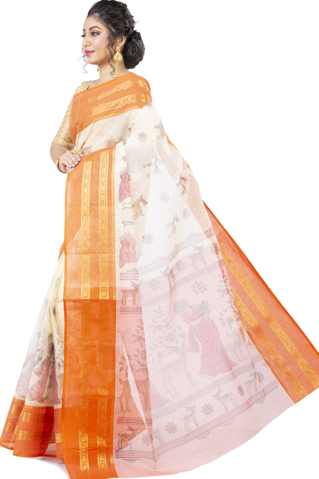 Orange Pure Cotton Sakuntala Tant Saree Print (1955)